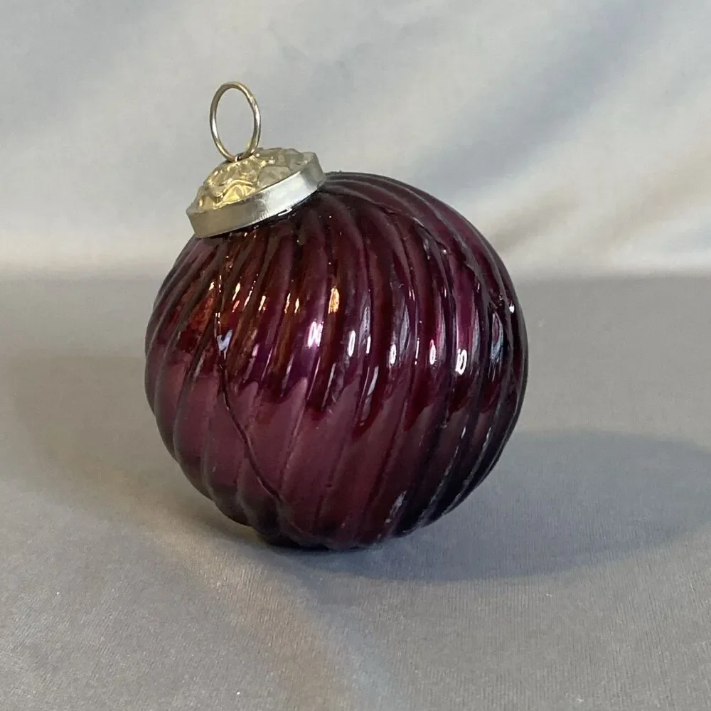 Kugel Inspired Blown Glass Ball Ornament Purple Ribbed Swirl Christmas Decor